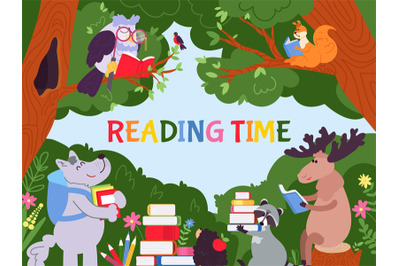 Animals reading background. Cartoon animal read, cute characters with