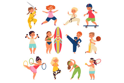 Kids sport characters. Happy kid play, children activities exercises.