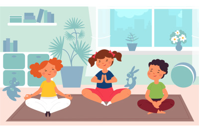 Kids meditation. Children yoga, kindergarten sport class. Fun child tr