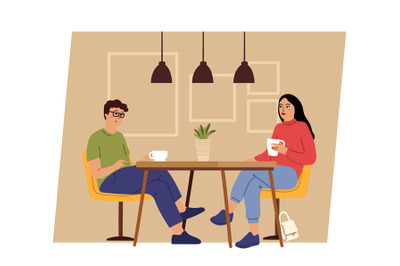 Couple on dating. Geek man and woman sitting on cafe table and drink c