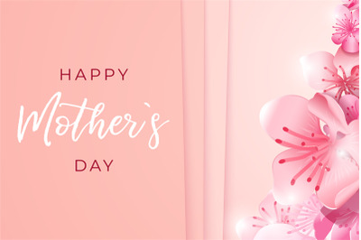 Mother day banner. Mom postcard&2C; realistic pink flowers background. Wo