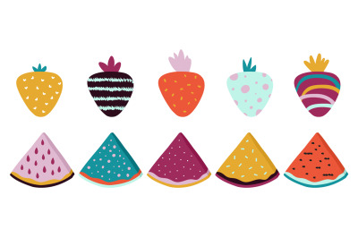 Trendy fruits. Doodle abstract watermelon strawberry with texture. Iso