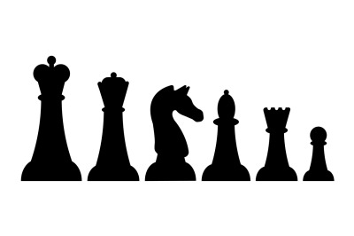 Chess pieces. Black piece logo, rook queen king icons. Board game obje