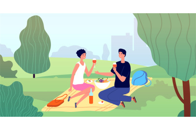 Couple on picnic. Spring picnics, garden or city park family date. Spr