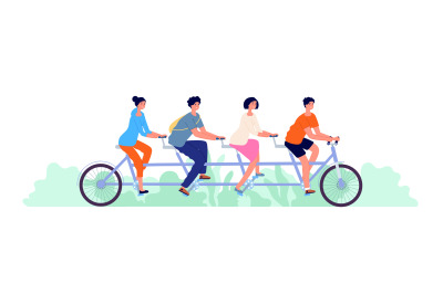 Tandem bicycle. Cartoon team on bike, teamwork or collective relaxing.