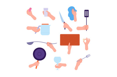 Hands hold kitchen tools. Woman hand holding knife, spoon fork and cut