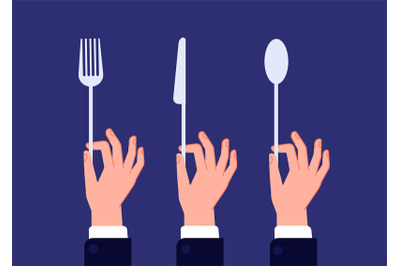 Hands with cutlery. Hand hold spoon, fork knife. Waiter hands holding