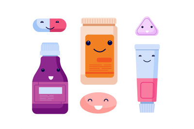 Cute pills. Antibiotics characters&2C; cartoon pill medication. Funny fla