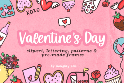 Valentines Day Clipart, Lettering, Patterns and Frames