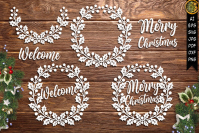 Christmas Holly Wreath Laurel Monogram SVG Clipart Cut Files