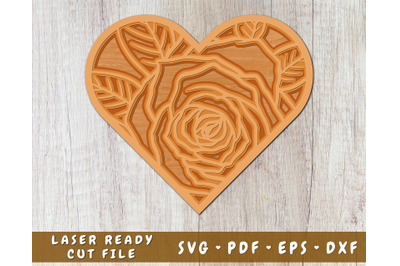 Heart With Rose Laser SVG Cut File, 3D Heart SVG