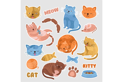 Cat stickers. Funny cats&2C; kitten badge or patch with cute elements. Ca