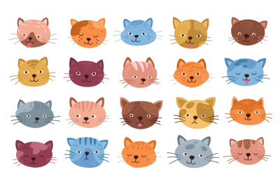 Funny cats faces. Isolated cat head&2C; cute kitten cartoon smiles. Flat