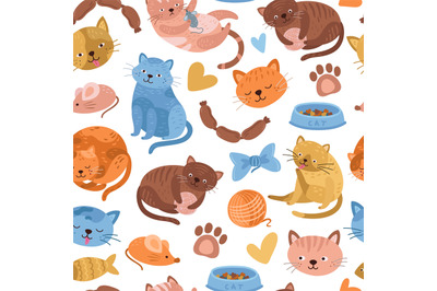 Kitten pattern. Cartoon cat, cute animal seamless background. Doodle f