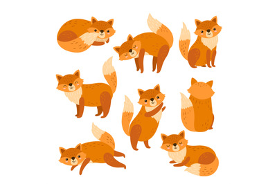 Fox characters. Cute cartoon red foxes, funny animal running standing