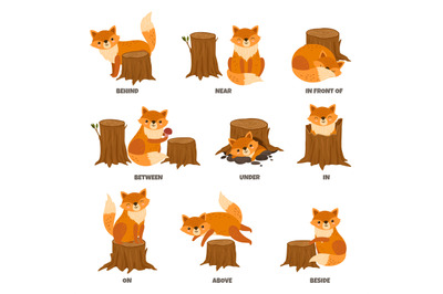 English prepositions. Cartoon animal, learn place preposition. Cute wi