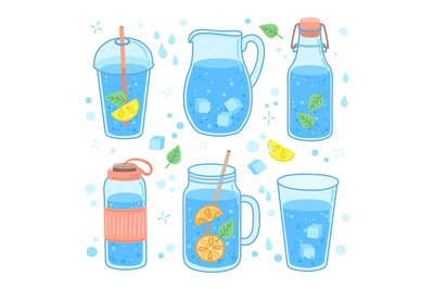 Drink water concept. More drinking, glass bottle cup and mug. Healthy