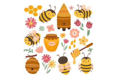 Cute bee and honey. Yellow bees, cartoon flying insects and sweet orga