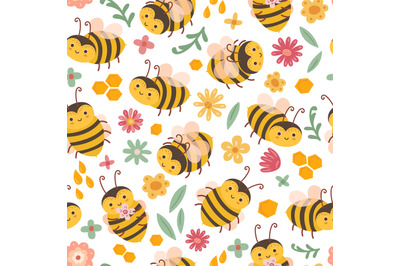 Cute bee pattern. Bees and flowers, cartoon flying insects. Art textil