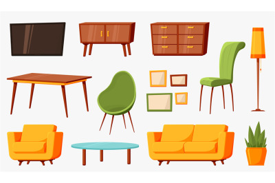 Cartoon furniture. Room furnitures, interior living lounge elements. I