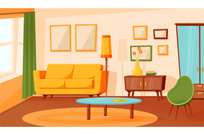 Cartoon living room interior. Flat empty sofa, indoor area design. Mod