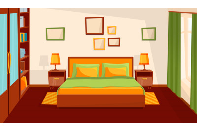 Cozy bedroom interior. Comfort room, flat cartoon living apartment wit