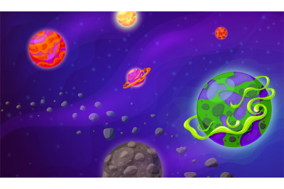 Space and planet background. Cartoon galaxy, universe landscape with p