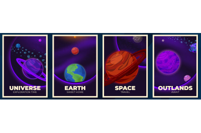 Planets banners. Space poster, magazine cover with galaxy or universe.