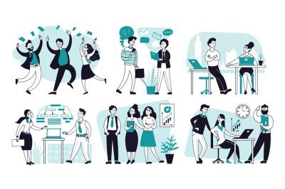 Office scenes. Business people characters, outline woman presenting pr