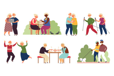 Happy elderly activity. Isolated senior people, sporting old couple. A