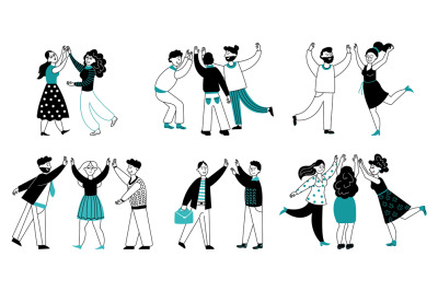 People high five. Friendship day, line cartoon happy women friends. Bu