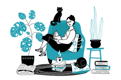 Girl reading books. Woman read book, female character relax on sofa. H