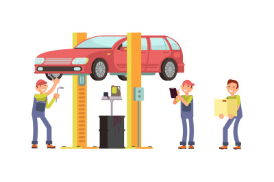 Auto service. Car repair, mechanic characters and auto. Changing oil i