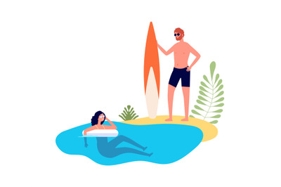 Couple vacation. Summer travel, woman swimming with lifebuoy. Man hold