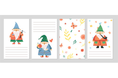 Gardening dwarfs. Gnomes cards&2C; spring summer floral background. Cute