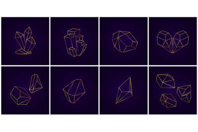 Gold geometric crystals. 3D diamond shapes, outline golden crystal col