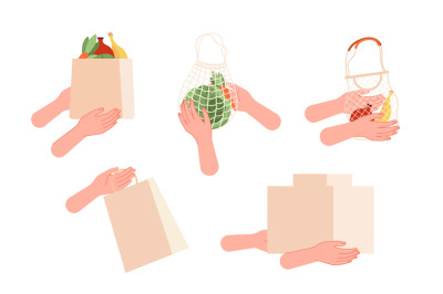 Hand with shopping bags. Delivery, food purchase or parcels. Online sh