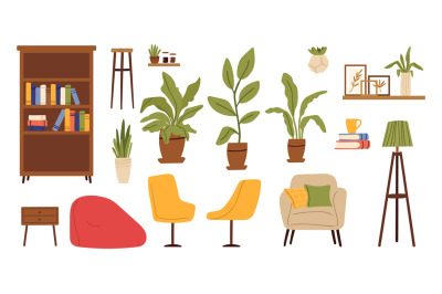 Living room furniture. Scandinavian furnitures, plants in pot, chairs