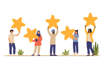 Rating star. Customers review, people holding feedback five stars. Iso