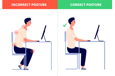 Correct sitting. Computer posture, office ergonomics at work desk. Pro