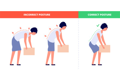 Correct lift heavy. Safety health back, flat woman lifting box posture