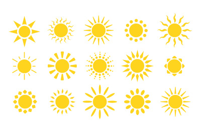 Yellow sun icons. Suns rays, flat sunny weather elements. Summer heat,