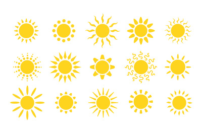 Summer flat sun logo. Yellow suns circles, bright natural lighting obj