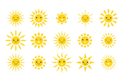 Cute sun emoji. Cute suns smile, fun weather sunlight icons. Isolated