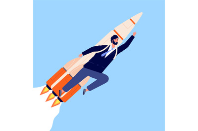 Businessman on rocket. Career growth, man flying with spaceship. Creat