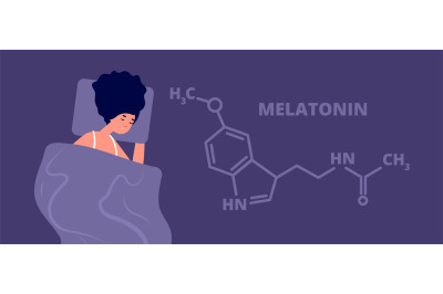 Melatonin hormone. Structure hormones sleep, flat person sleeping in d