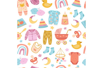 Nursery seamless pattern. Abstract rainbow&2C; stars moon and simple brig