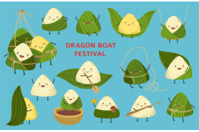 Rice dumpling characters. Dragon boat festival, asian cute dumplings f