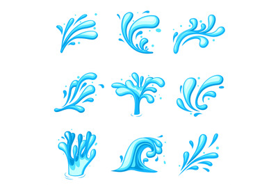 Cartoon water splash. Energy splashes clipart, liquid blue swirl flow.