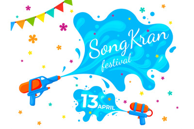 Songkran thailand banner. Water festival party&2C; cartoon liquid splash